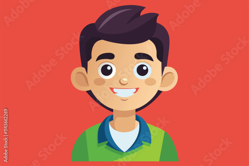 A happy cartoon boy with dark hair shows a big smile, dressed in a green shirt and blue collar Need a cartoon illustration ASAP that can be customized.