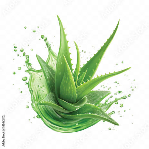 abstract 3d fresh green aloe vera in splash of green juice isolated on white background