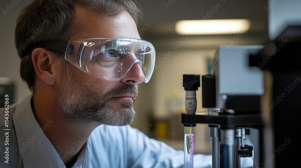 a researcher wearing safety goggles, analyzing liquid samples in a high-tech lab, focused on examining the samples under a microscope, with advanced lab equipment and glowing screens, highlighting the a researcher wearing safety goggles, analyzing liquid samples in a high-tech lab, focused on examining the samples under a microscope, with advanced lab equipment and glowing screens, highlighting the