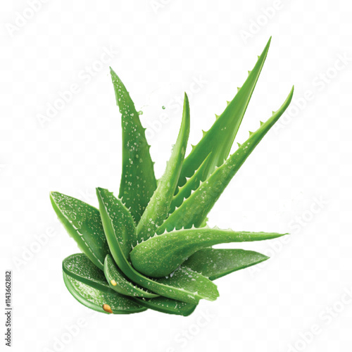abstract 3d fresh green aloe vera in splash of green juice isolated on white background