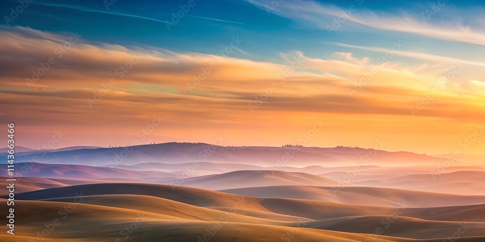 Serene sunrise over rolling hills and hazy valleys, bathed in warm golden light Serene sunrise over rolling hills and hazy valleys, bathed in warm golden light