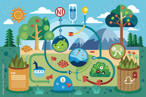 This colorful illustration depicts the nitrogen cycle, showing plants, soil, and atmospheric interactions Wine illustration that can be customized