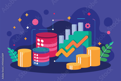 An engaging graphic showcasing various data elements including colorful charts and graphs illustrating trends No data can be customized in a disproportionate illustration.