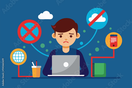 A young person looks concerned while using a laptop, surrounded by symbols showing online disconnection No connection, flat illustration.