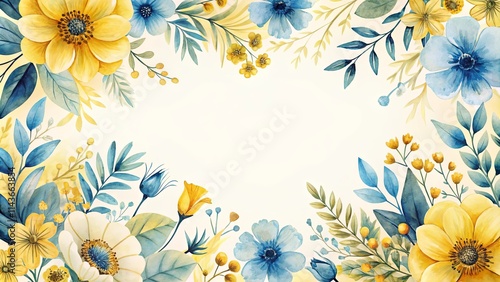 Fototapeta Naklejka Na Ścianę i Meble -  Elegant floral border with yellow and blue watercolor flowers and foliage, perfect for invitations or announcements