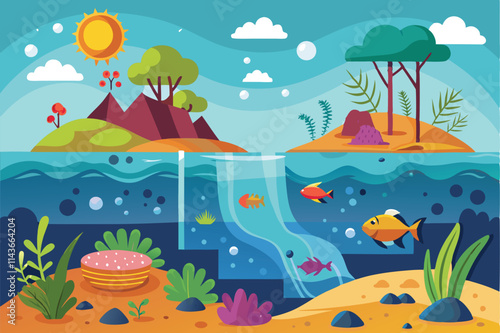 The impact of ocean acidification on underwater ecosystems, highlighting marine species and habitats Ocean acidification illustration, customizable and semi-flat.