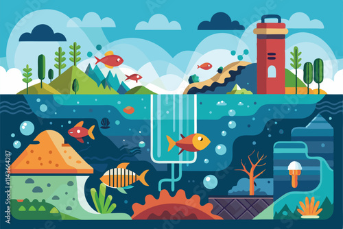 This illustration showcases how ocean acidification affects marine ecosystems with colorful visuals Ocean acidification illustration, customizable and semi-flat.