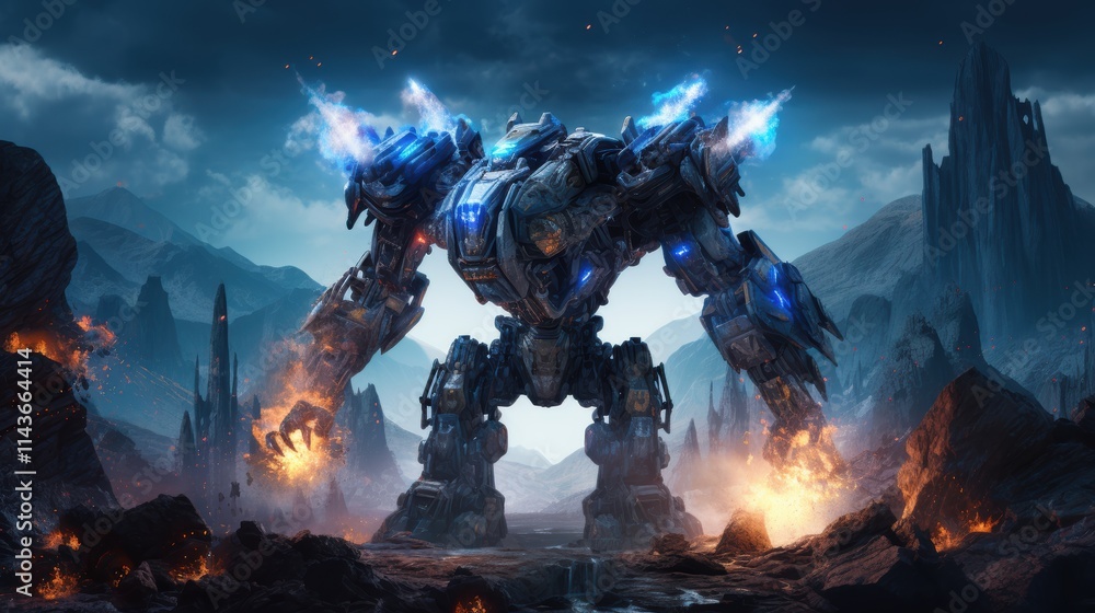 A towering military mech in rugged steel armor, firing high-energy weapons at alien creatures with iridescent skin and glowing appendages. The blue-hued alien planet is filled with rocky landscapes. A towering military mech in rugged steel armor, firing high-energy weapons at alien creatures with iridescent skin and glowing appendages. The blue-hued alien planet is filled with rocky landscapes.