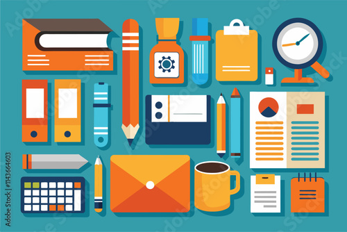 A collection of assorted office supplies displayed stylishly on a bright background, perfect for creative tasks Office supplies, illustrated in a flat style.
