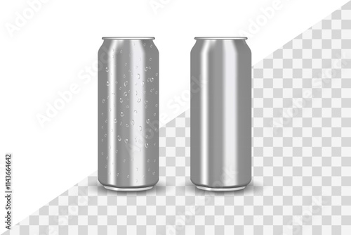 Realistic aluminum cans with water drops. empty metallic can. Aluminium can mockup for energy drinks, cola, soda, beer, and juice. Aluminum cans on transparent background.