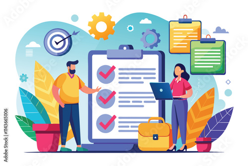 Two professionals engage in the online approval of flat employment contracts using digital tools Online approval of flat employment contracts.