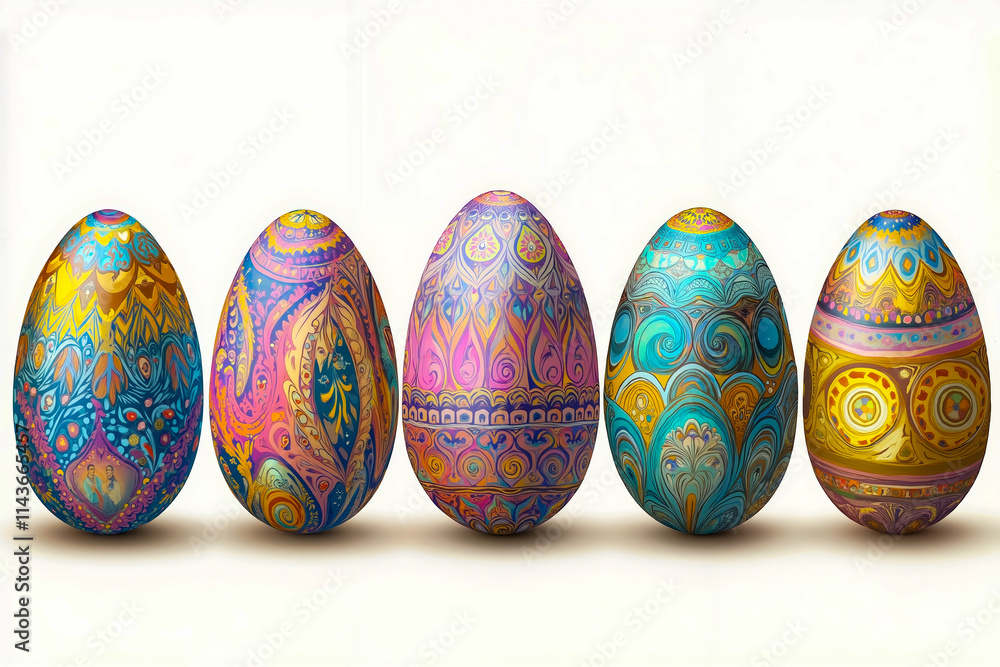 A group of five colorful painted eggs sitting next to each other A group of five colorful painted eggs sitting next to each other
