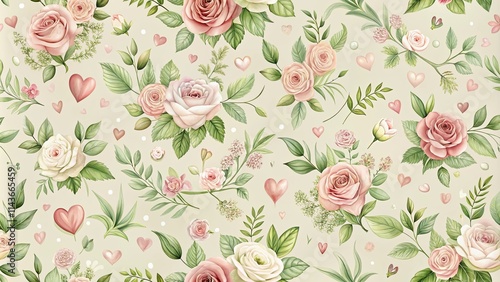 Wallpaper Mural Romantic Rose and Heart Seamless Pattern Design for Valentine's Day or Wedding Invitations Torontodigital.ca