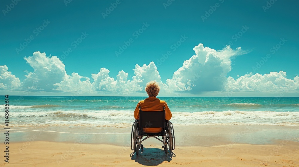 Fototapeta premium A person in a wheelchair gazes at the ocean, reflecting on life and nature's beauty.