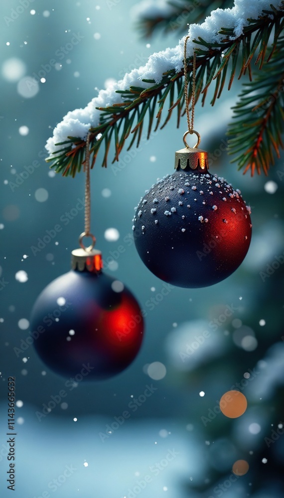 Black Christmas ornaments hung from a branch amidst the falling snowflakes and frosty air, hanging ornaments, holiday decoration Black Christmas ornaments hung from a branch amidst the falling snowflakes and frosty air, hanging ornaments, holiday decoration