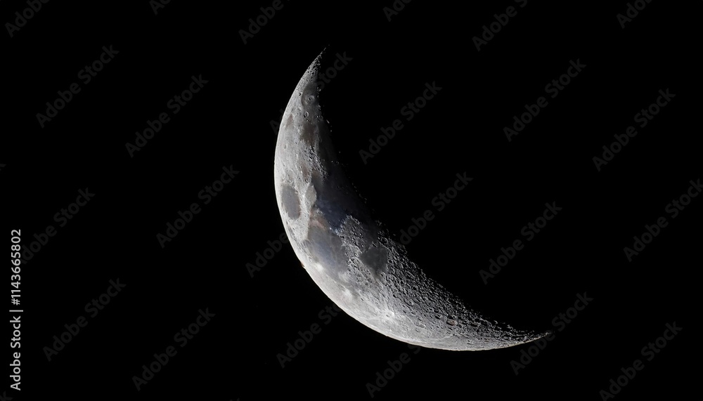 Detailed Crescent Moon in the night sky. Crescent Moon on black background with space
Detailed Crescent Moon in the night sky. Crescent Moon on black background with space
