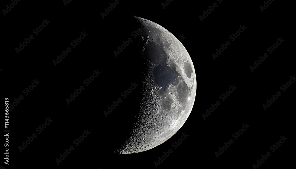 
Detailed Crescent Moon in the night sky. Crescent Moon on black background with space