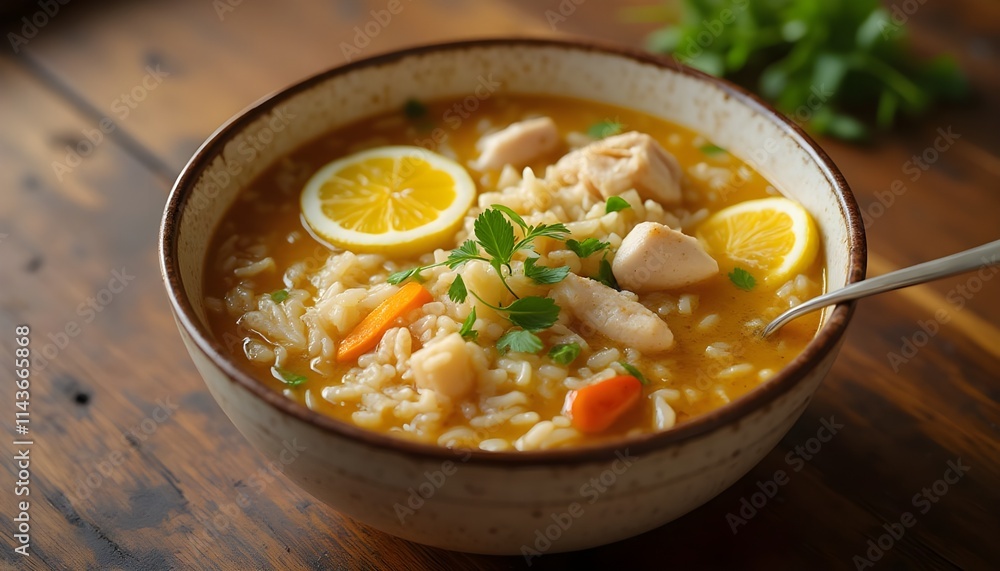 Photorealistic Bowl of Arroz Caldo with Chicken and Herbs Photorealistic Bowl of Arroz Caldo with Chicken and Herbs