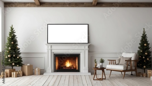 Festive Living Room with Fireplace and Christmas Trees