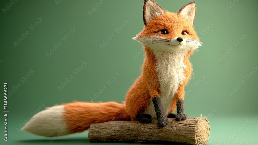 Fototapeta premium Adorable Woolen Fox on a Felt Log – Hyper-Realistic C4D Render