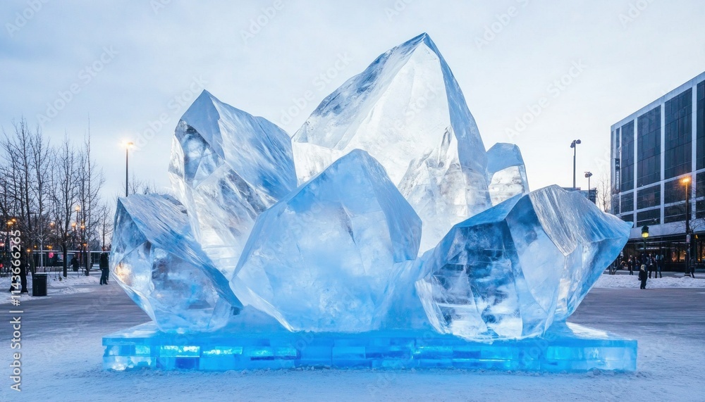 Obraz premium Large ice sculpture illuminating city square during winter festival