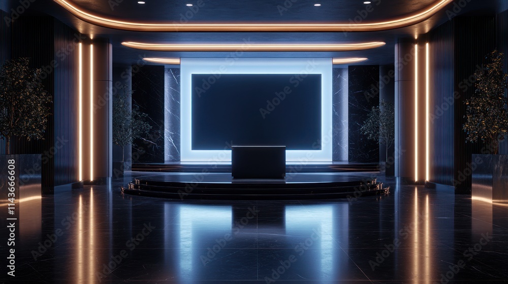 A modern, minimalist presentation space with a large screen and ambient lighting. A modern, minimalist presentation space with a large screen and ambient lighting.