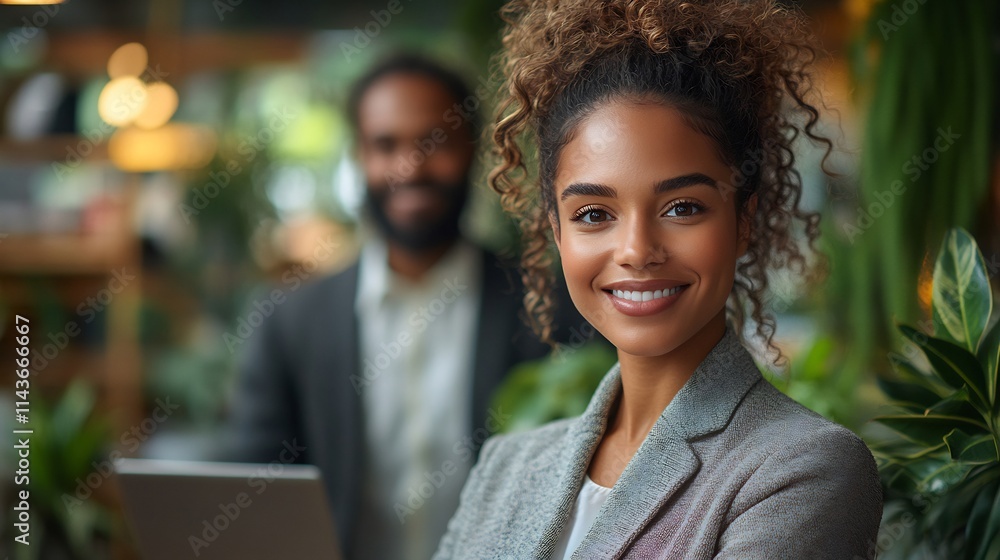 Businesswoman holding a laptop smiling while standing next to a business colleague in a professional setting Businesswoman holding a laptop smiling while standing next to a business colleague in a professional setting