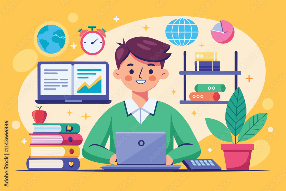 The student sits at a desk with a laptop, focusing on math lessons while surrounded by books and study aids Online math student, flat illustration. The student sits at a desk with a laptop, focusing on math lessons while surrounded by books and study aids Online math student, flat illustration.