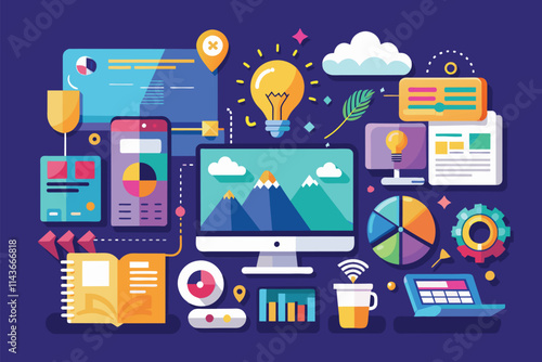 A vibrant collection of digital tools and charts illustrating online learning resources on a desk Online material, flat illustrations.