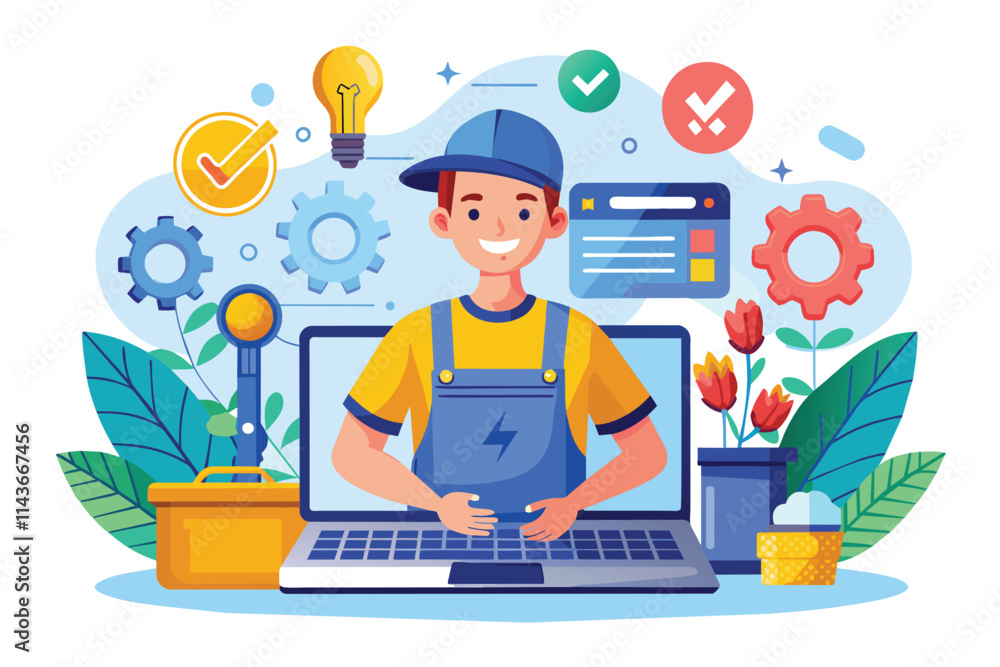 A serviceman engages with clients through a laptop while surrounded by tools, plants, and icons Online service concept of a serviceman, repairman, or technician illustrated in a flat style. A serviceman engages with clients through a laptop while surrounded by tools, plants, and icons Online service concept of a serviceman, repairman, or technician illustrated in a flat style.