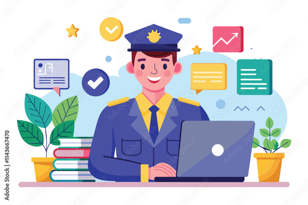 A cheerful online service officer engaged in digital tasks at a modern workstation surrounded by greenery Online service officer, illustrated flatly. A cheerful online service officer engaged in digital tasks at a modern workstation surrounded by greenery Online service officer, illustrated flatly.