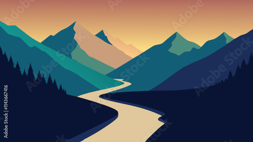 River meanders through a lush valley, embraced by majestic mountains on either side flat vector illustration natural background.