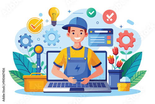 A serviceman engages with clients through a laptop while surrounded by tools, plants, and icons Online service concept of a serviceman, repairman, or technician illustrated in a flat style.