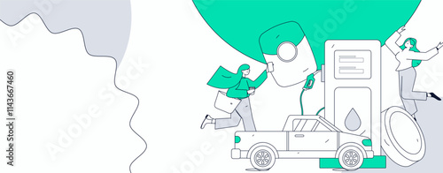 Vector Internet operation hand-drawn illustration of people getting discounts for refueling their cars
