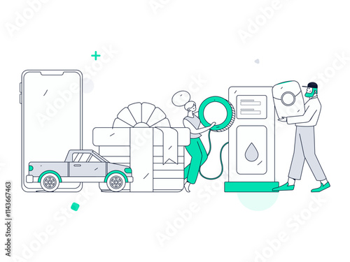 Vector Internet operation hand-drawn illustration of people getting discounts for refueling their cars
