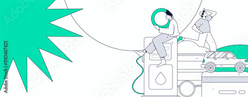 Vector Internet operation hand-drawn illustration of people getting discounts for refueling their cars
