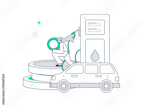 Vector Internet operation hand-drawn illustration of people getting discounts for refueling their cars
