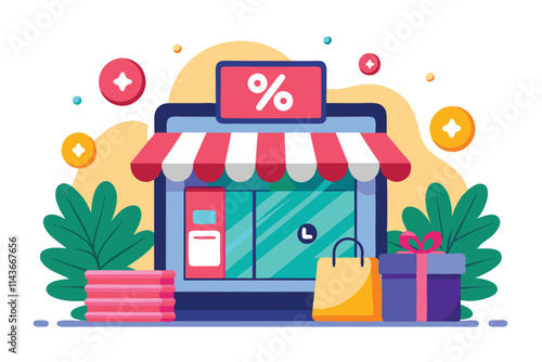 This illustration showcases an online shop with a discount sign and colorful decorations inviting customers Online shop discount, simple illustration