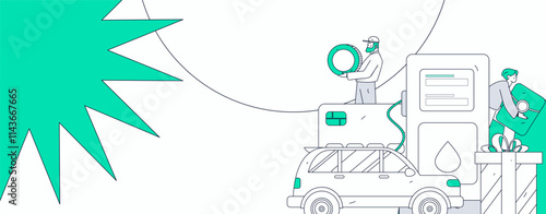 Vector Internet operation hand-drawn illustration of people getting discounts for refueling their cars
