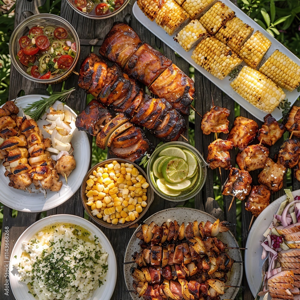 Overhead view of grilled chicken skewers, corn on the cob, and various side dishes on a rustic wooden table outdoors. Overhead view of grilled chicken skewers, corn on the cob, and various side dishes on a rustic wooden table outdoors.