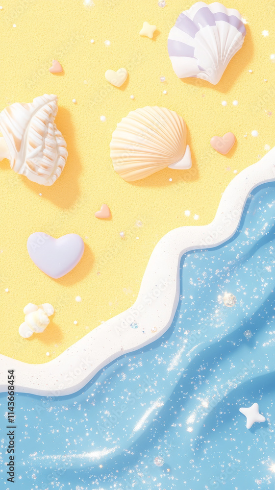 Bright beach scene with shells and colorful hearts on sandy shore Bright beach scene with shells and colorful hearts on sandy shore