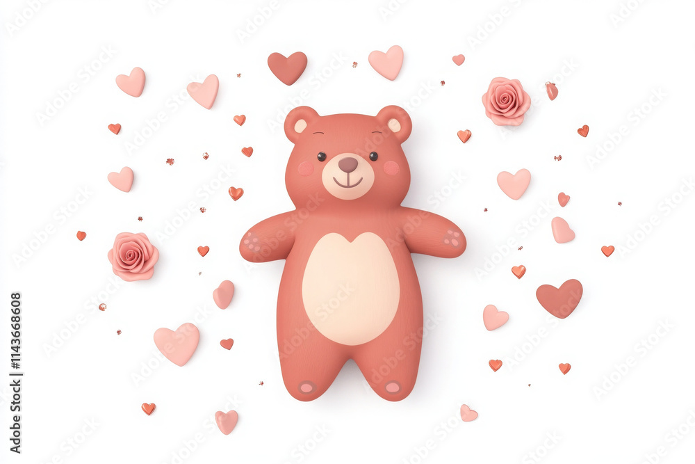 Fototapeta premium Cute bear surrounded by hearts and flowers, perfect for sweet design