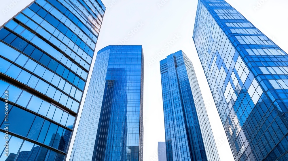 A view of modern skyscrapers with glass facades, reaching towards the blue sky, creating a striking urban skyline. A view of modern skyscrapers with glass facades, reaching towards the blue sky, creating a striking urban skyline.