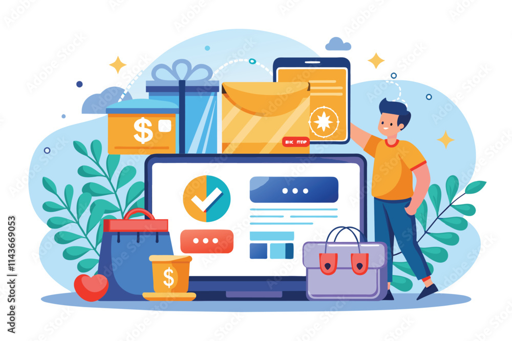 A person enjoys online shopping, interacting with digital payment options and colorful design elements Online shopping payment method illustrated in a flat style. A person enjoys online shopping, interacting with digital payment options and colorful design elements Online shopping payment method illustrated in a flat style.