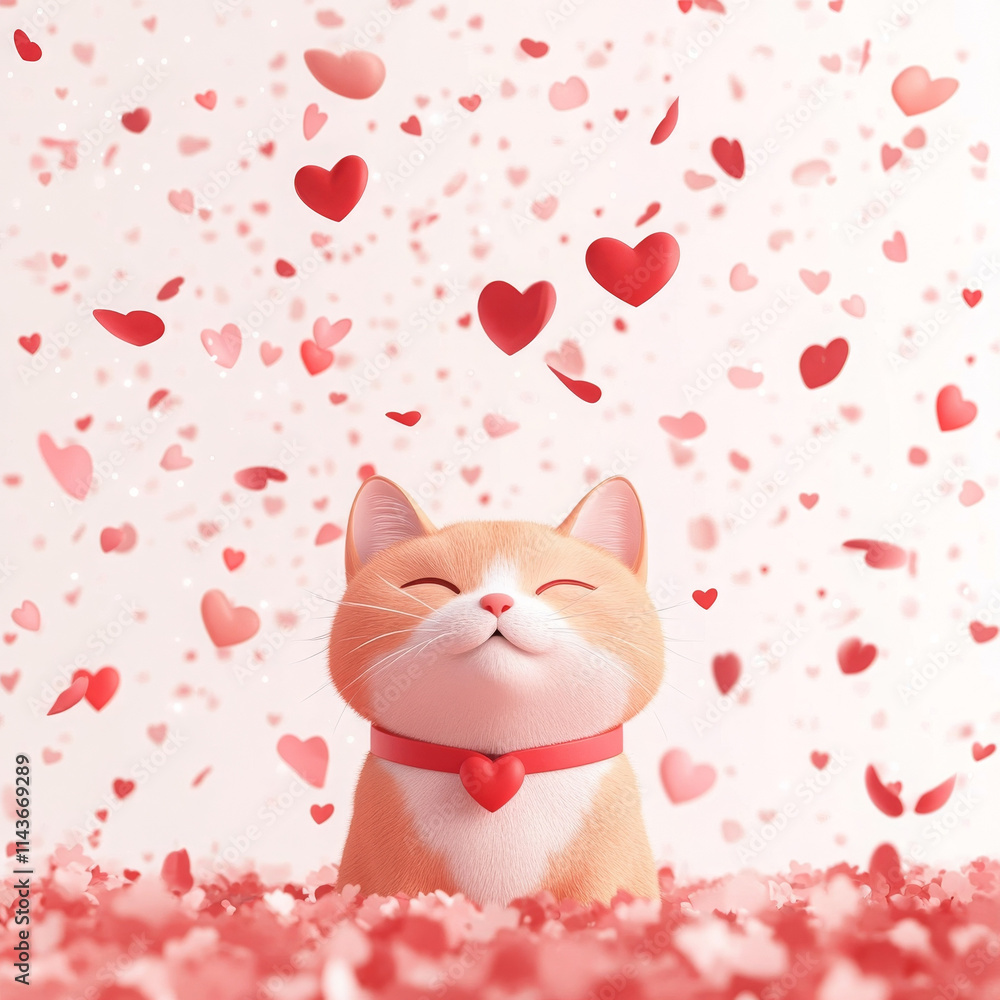 Cute cartoon cat surrounded by floating hearts, expressing joy and love Cute cartoon cat surrounded by floating hearts, expressing joy and love