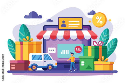 A person walks past an online store featuring discounted gifts and a delivery vehicle ready to ship orders Online store offers discounted prices and free delivery, along with a flat illustration.