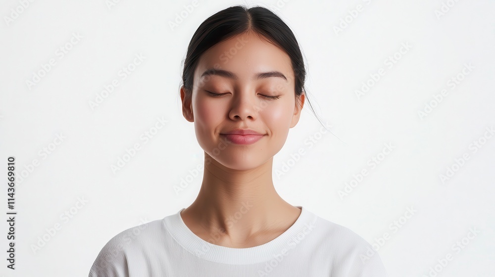 Calm Young Woman with Closed Eyes on Minimalistic Background Calm Young Woman with Closed Eyes on Minimalistic Background