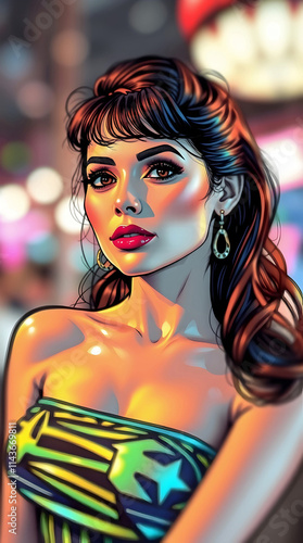 Stylish Woman With Bold Makeup And Retro Hairstyle Wearing Star Patterned Dress Illuminated By Vibrant Neon Lights In Urban Setting