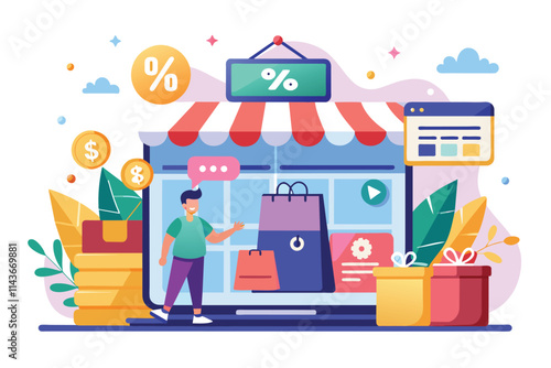 A vibrant illustration depicting an online store promotion featuring a flat discount, with user engagement Online store promotion with flat discount illustration.