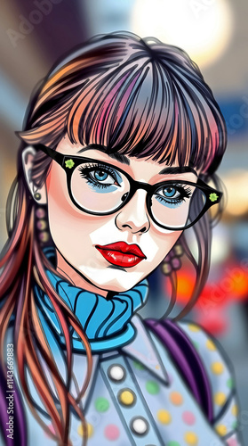 Stylish Woman With Bold Red Lips Wearing Trendy Glasses And Polka Dot Outfit Captured In Bright Urban Background Setting